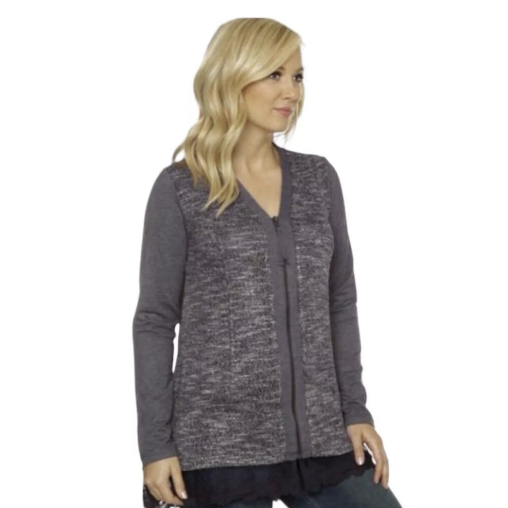 LOGO Lounge by Lori Goldstein Size XS V-Neck Zip Up Sweater Cardigan Lace Hem